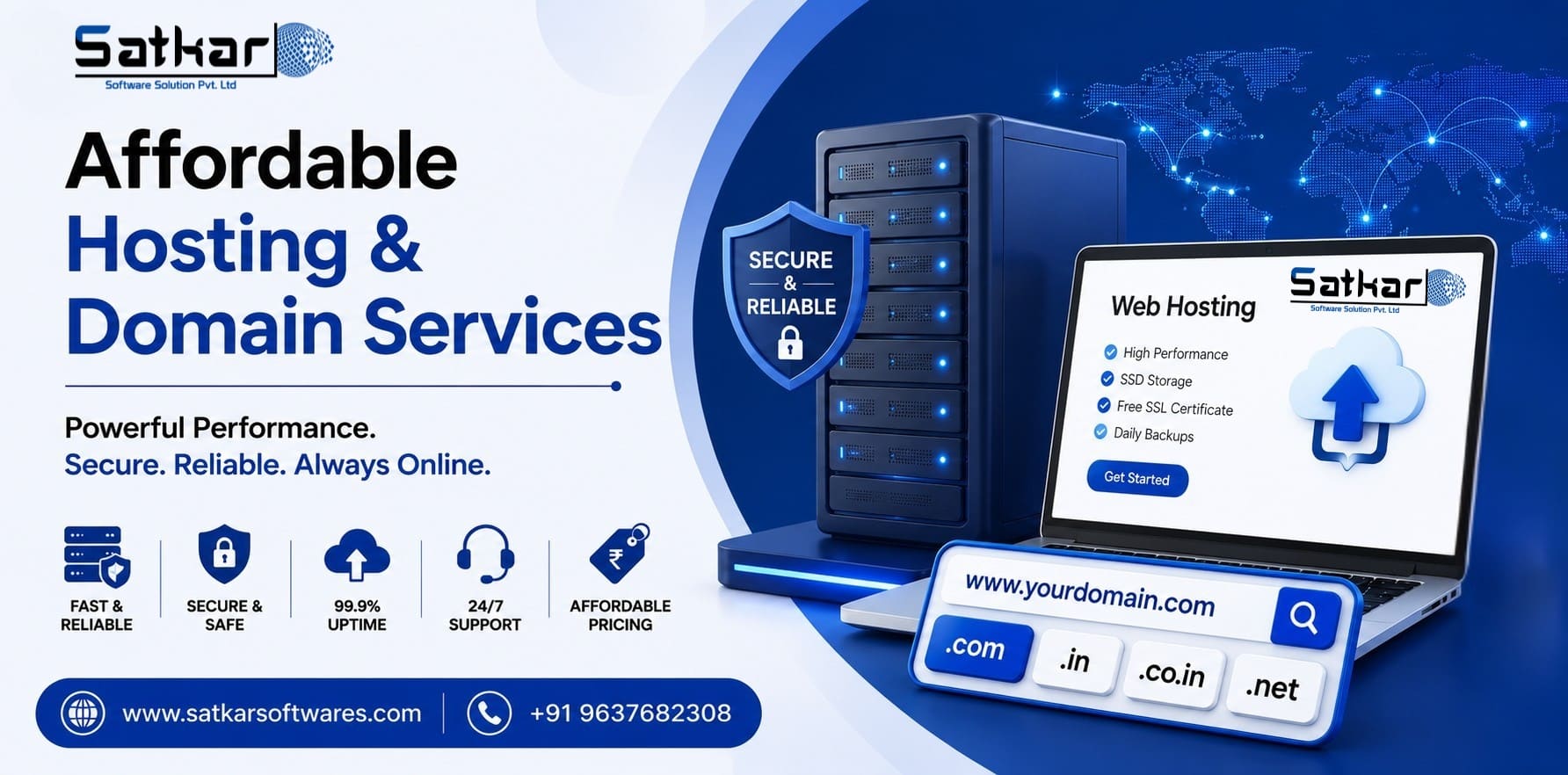 Server and laptop with a domain search for .com, .in and .net names