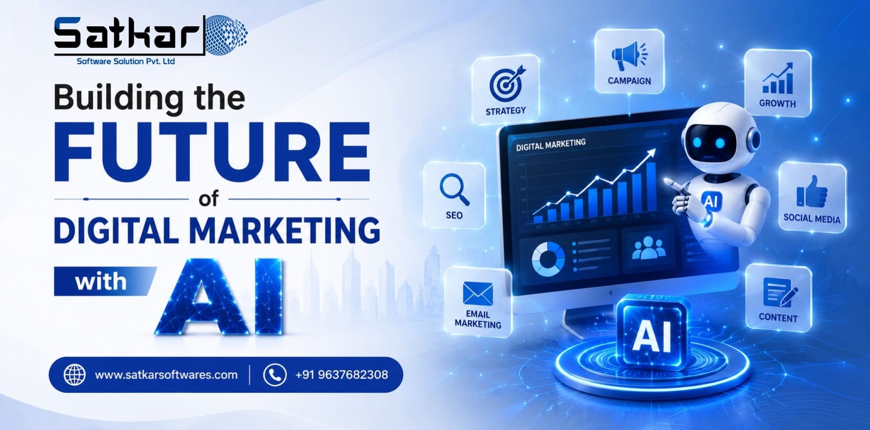Robot with marketing dashboards and an AI chip representing AI-powered digital marketing