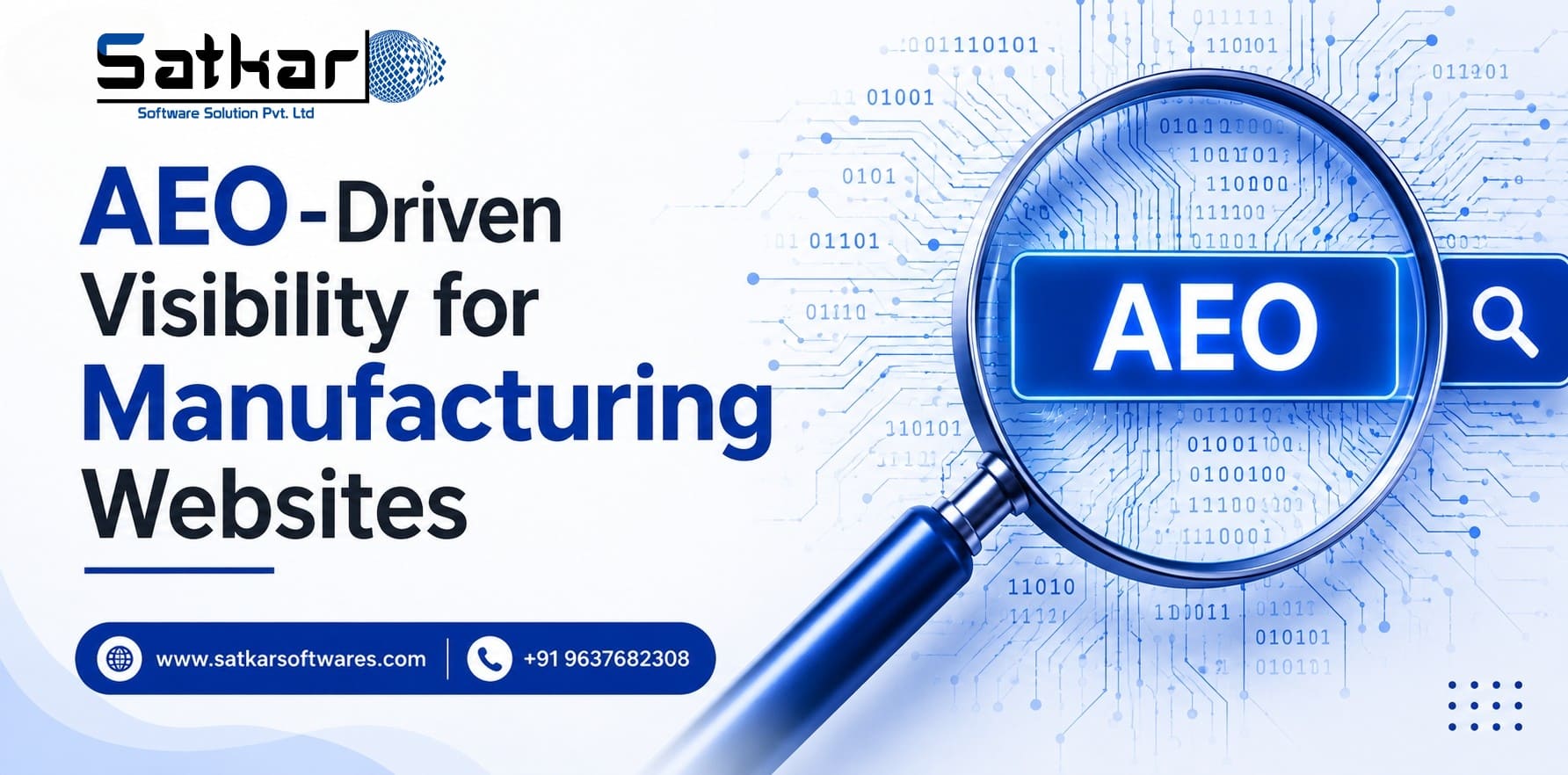 AEO magnifying glass over binary code for manufacturing website visibility