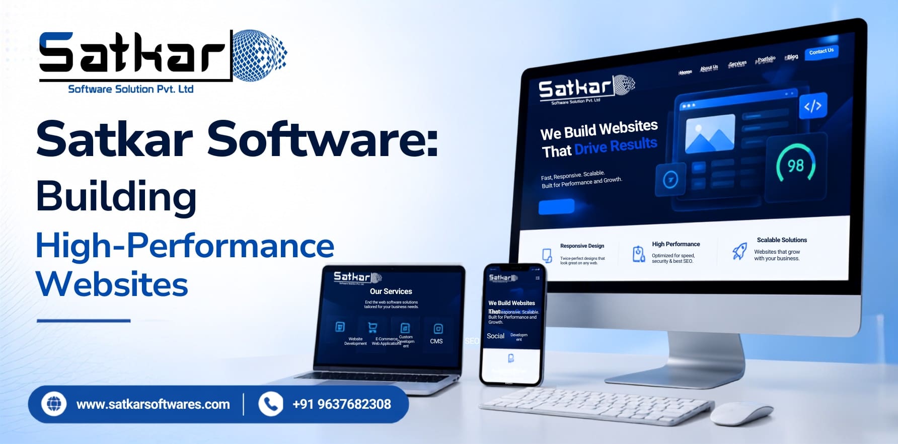 High-performance website shown on a desktop monitor, laptop and smartphone
