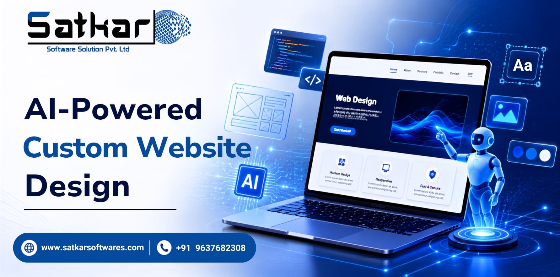 Laptop with a custom website layout and an AI robot assistant