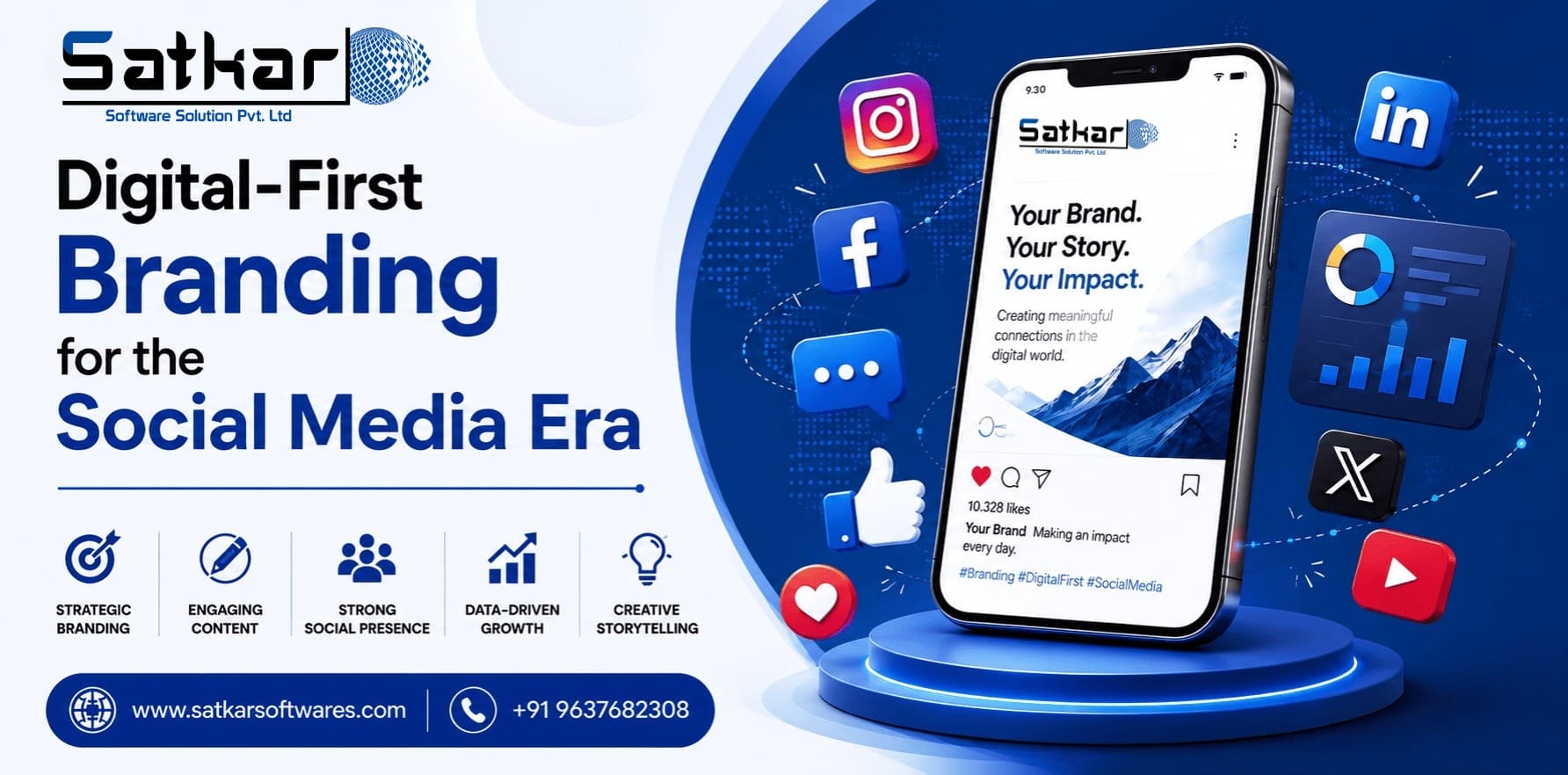 Smartphone brand profile surrounded by social media icons