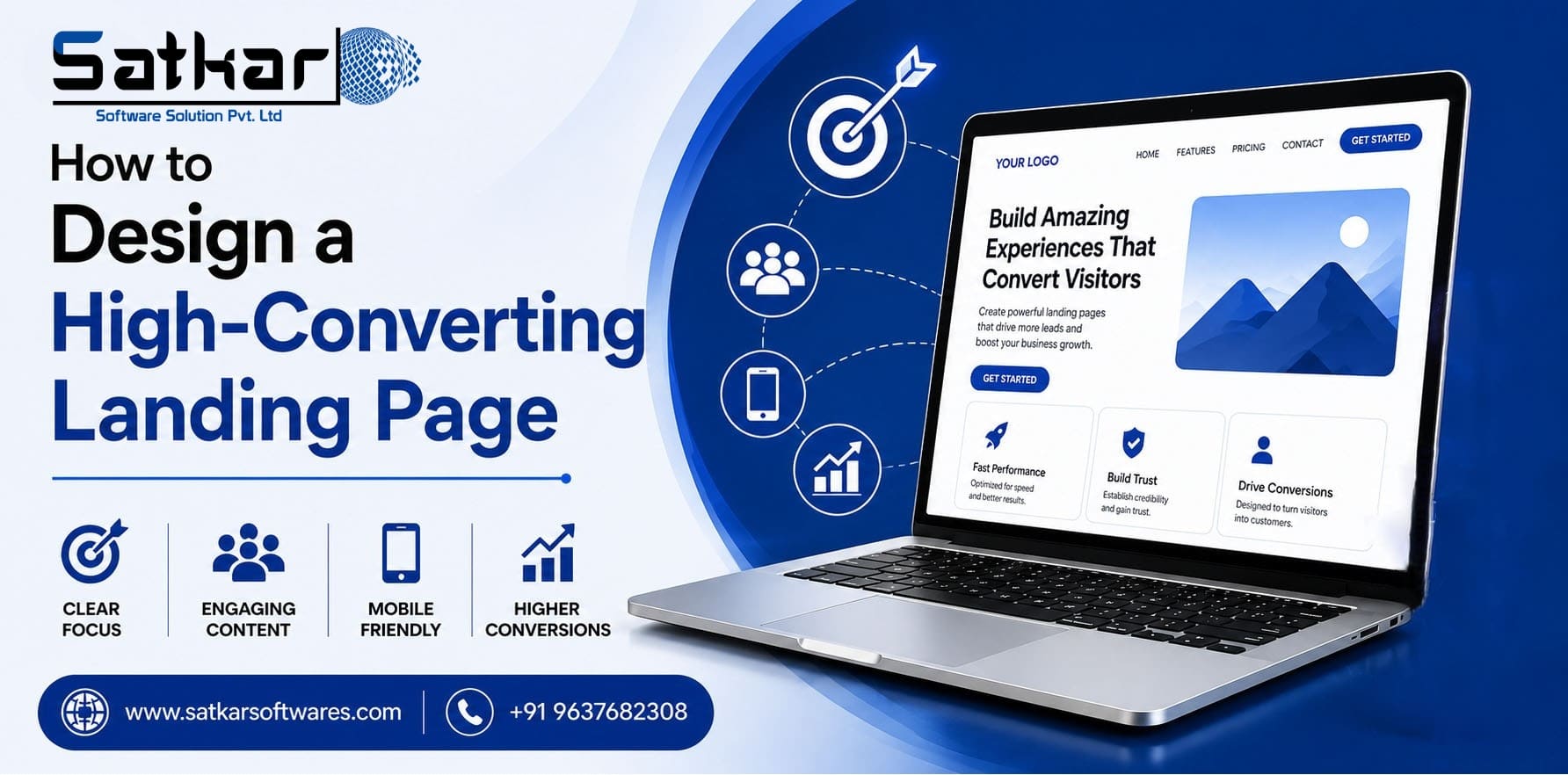 Landing page mockup on a laptop with a conversion target