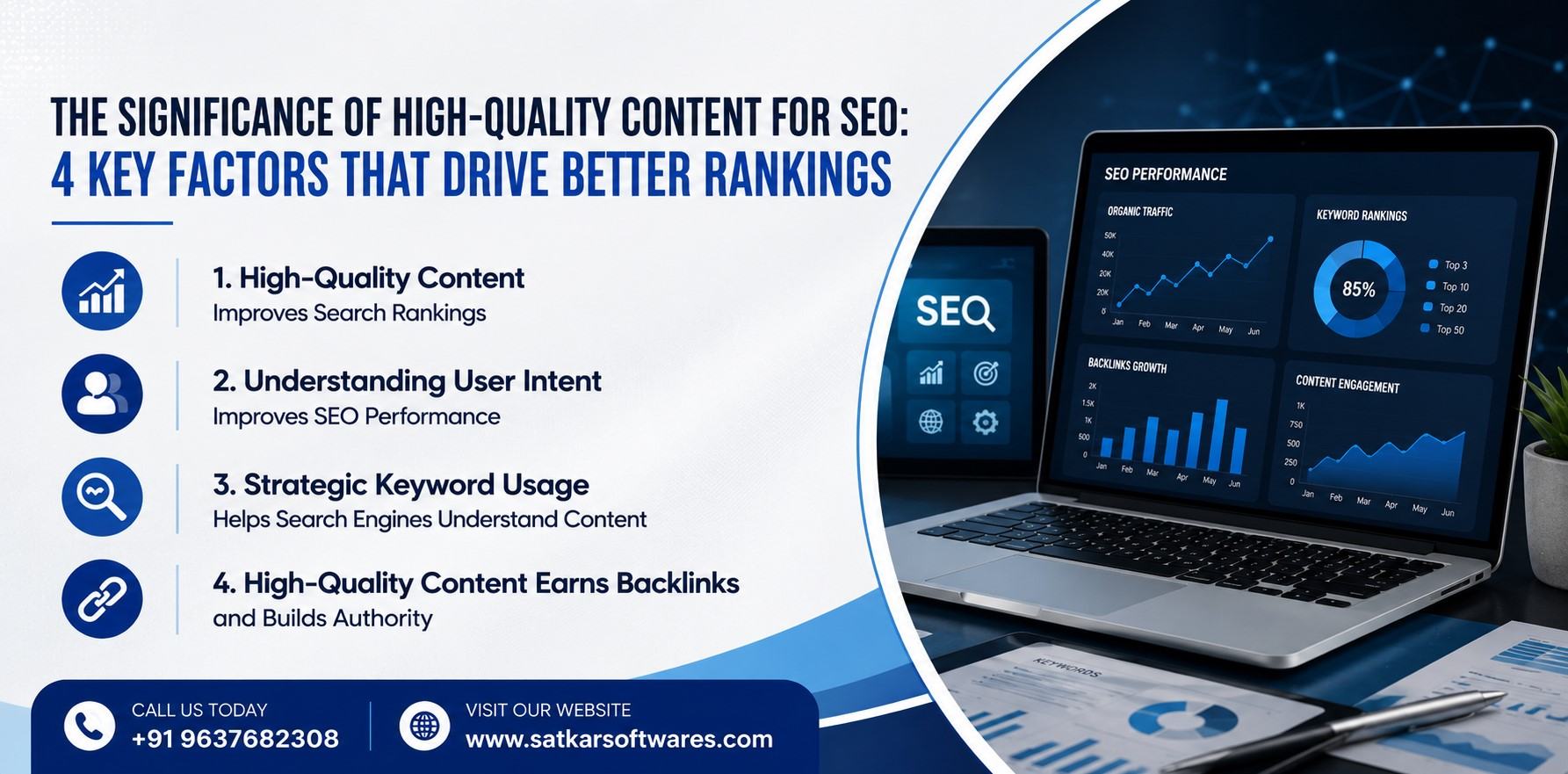 Laptop SEO dashboard beside four factors of high-quality content