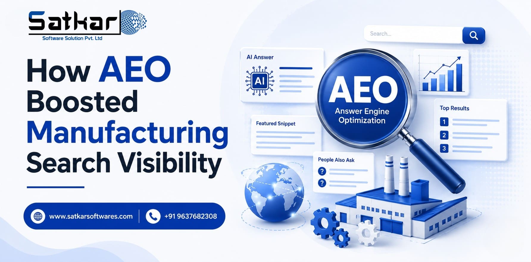 AEO magnifying glass over a factory with AI answer panels