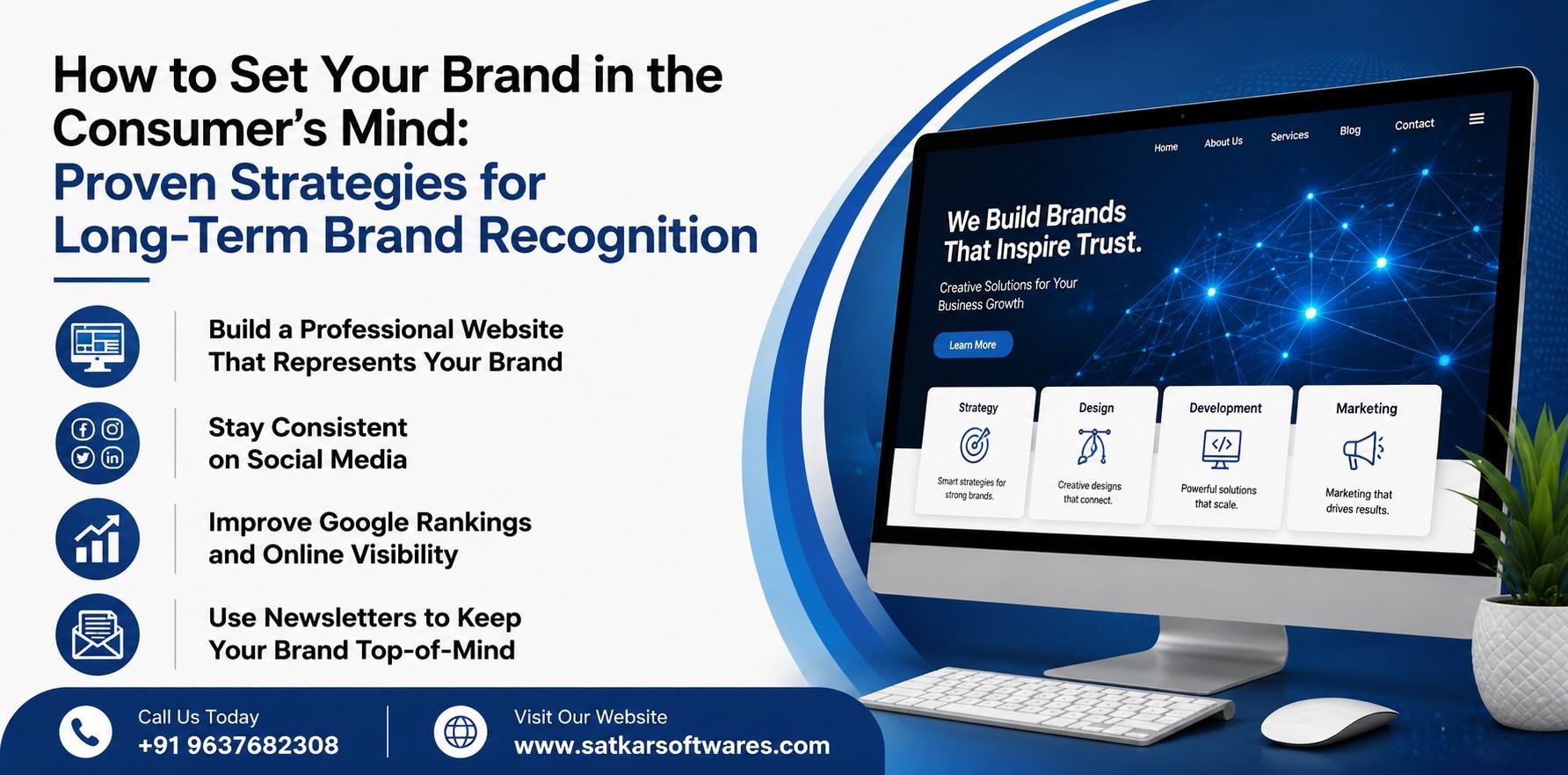 Brand website on a laptop beside long-term brand recognition strategies
