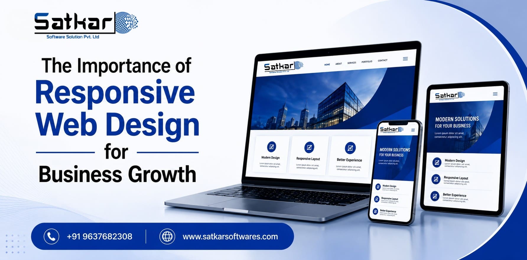 Responsive website displayed on a laptop, tablet and smartphone