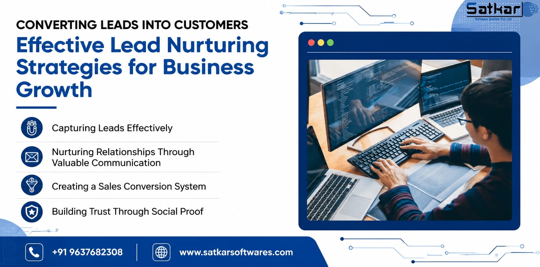 Laptop website beside a checklist of lead nurturing strategies