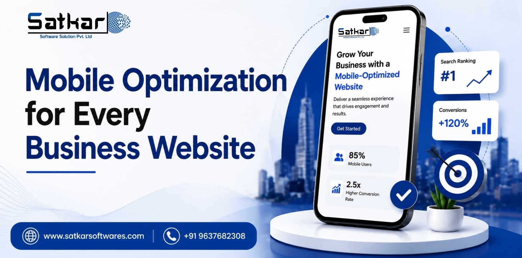 Smartphone with a mobile-optimised business website and #1 ranking badge