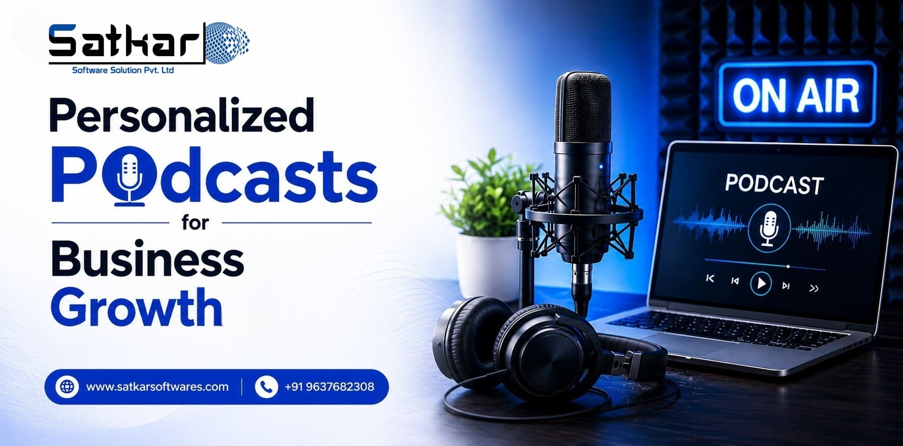 Podcast microphone, headphones and laptop for personalized business podcasts