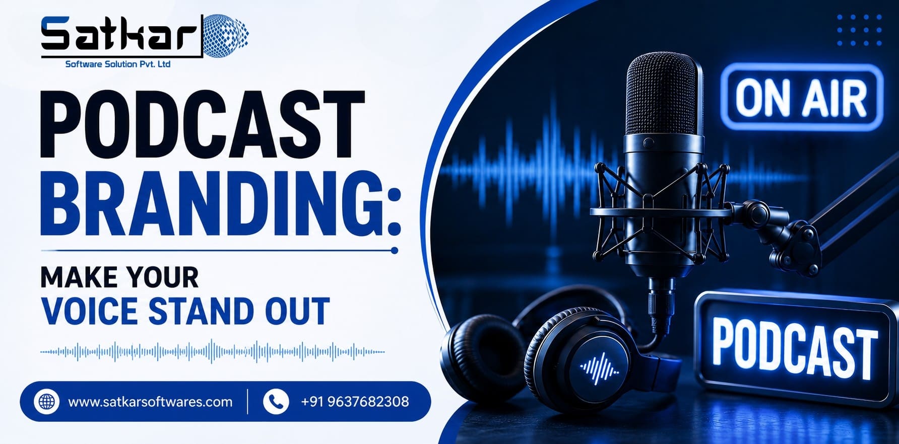 Studio microphone, headphones and ON AIR sign for podcast branding