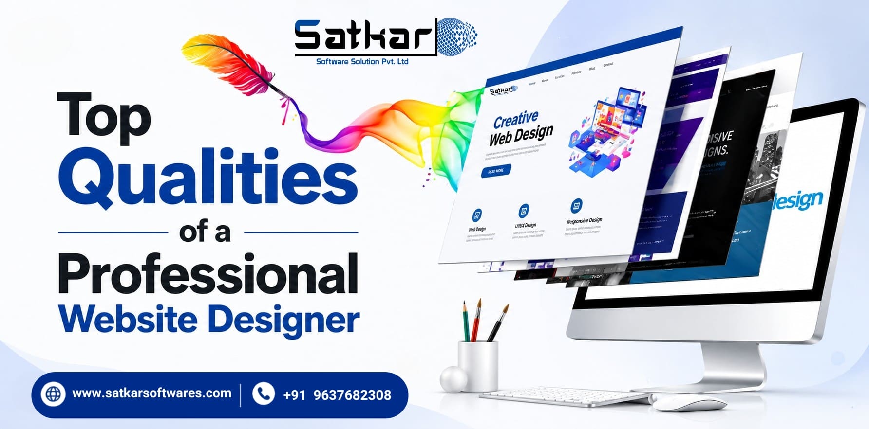 Monitor with creative website layouts and a colourful paint splash