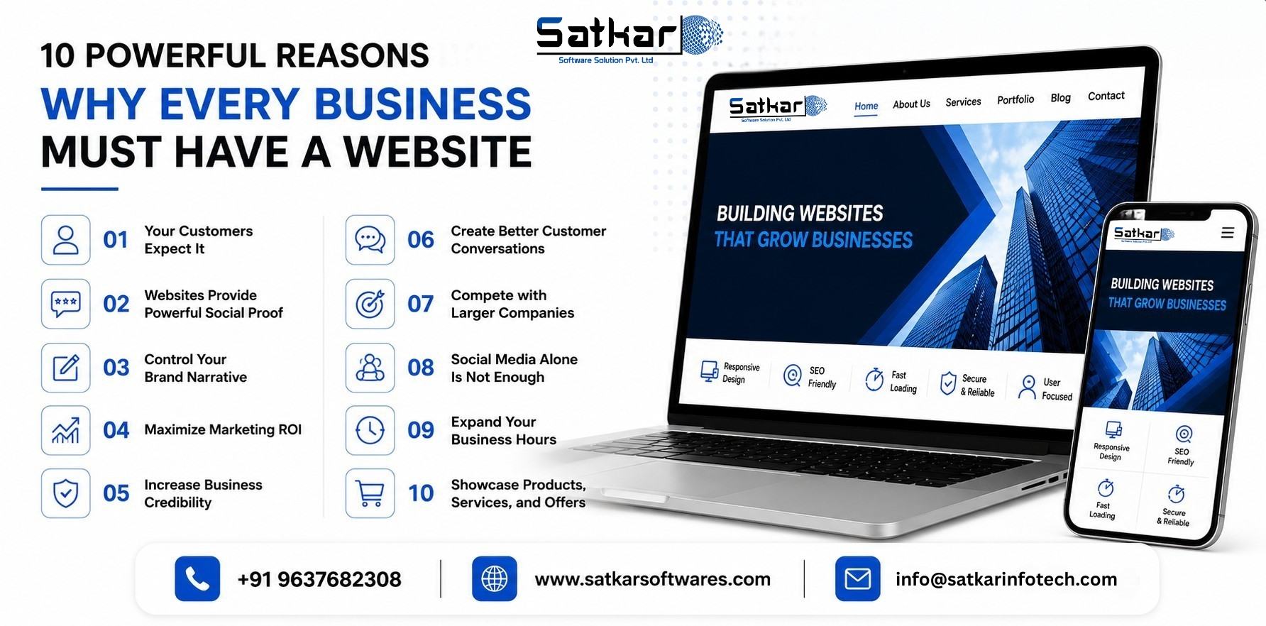 Business website on laptop and phone beside ten reasons to have a website