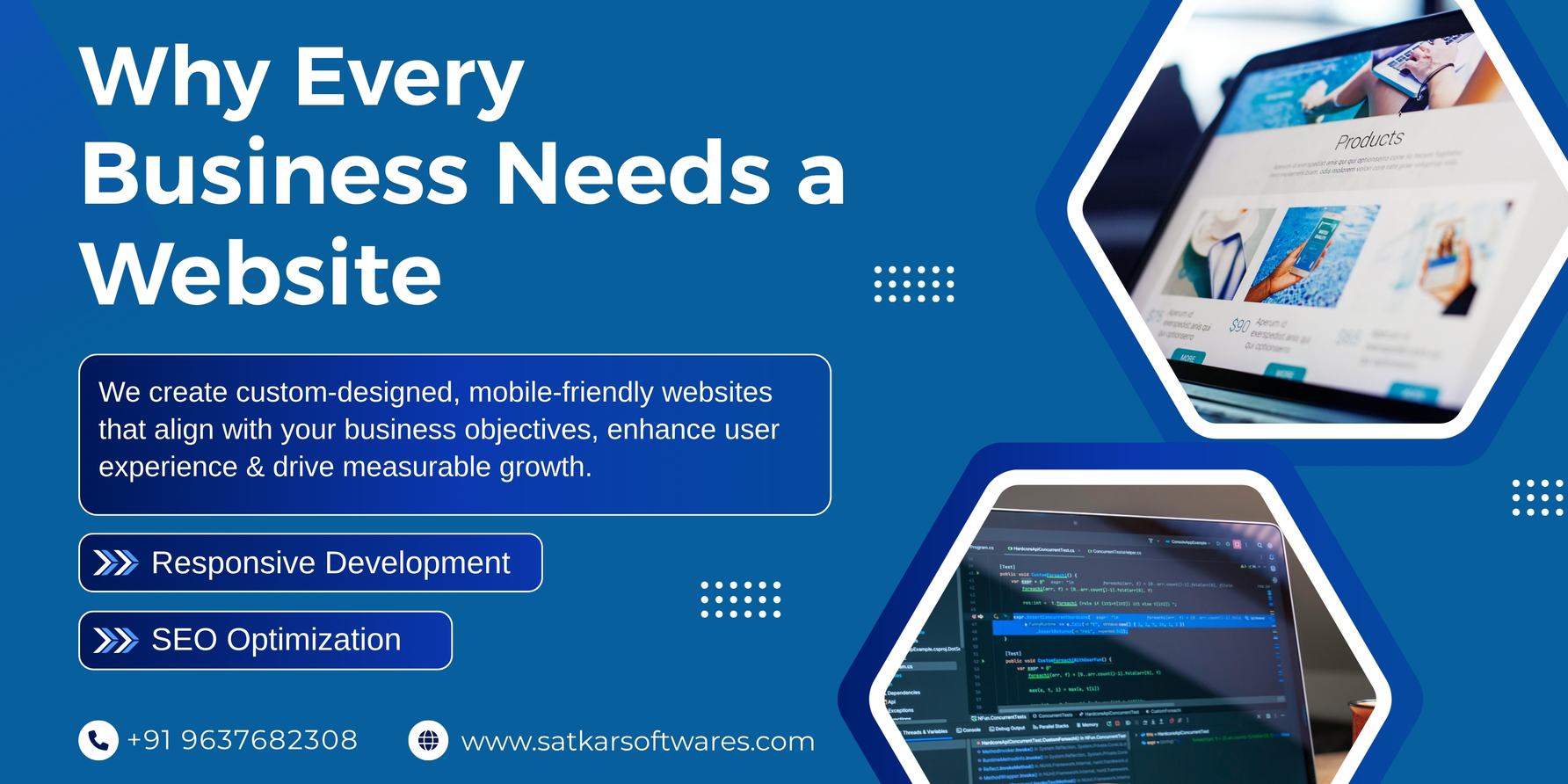 Laptop showing a business website with responsive development and SEO labels