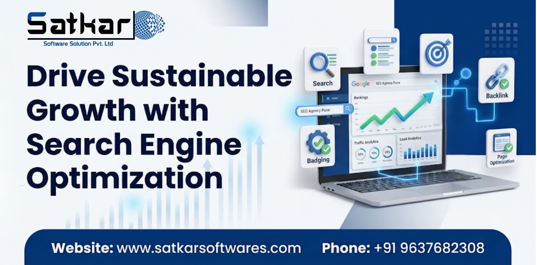 Laptop with SEO icons and rising growth charts for sustainable search growth