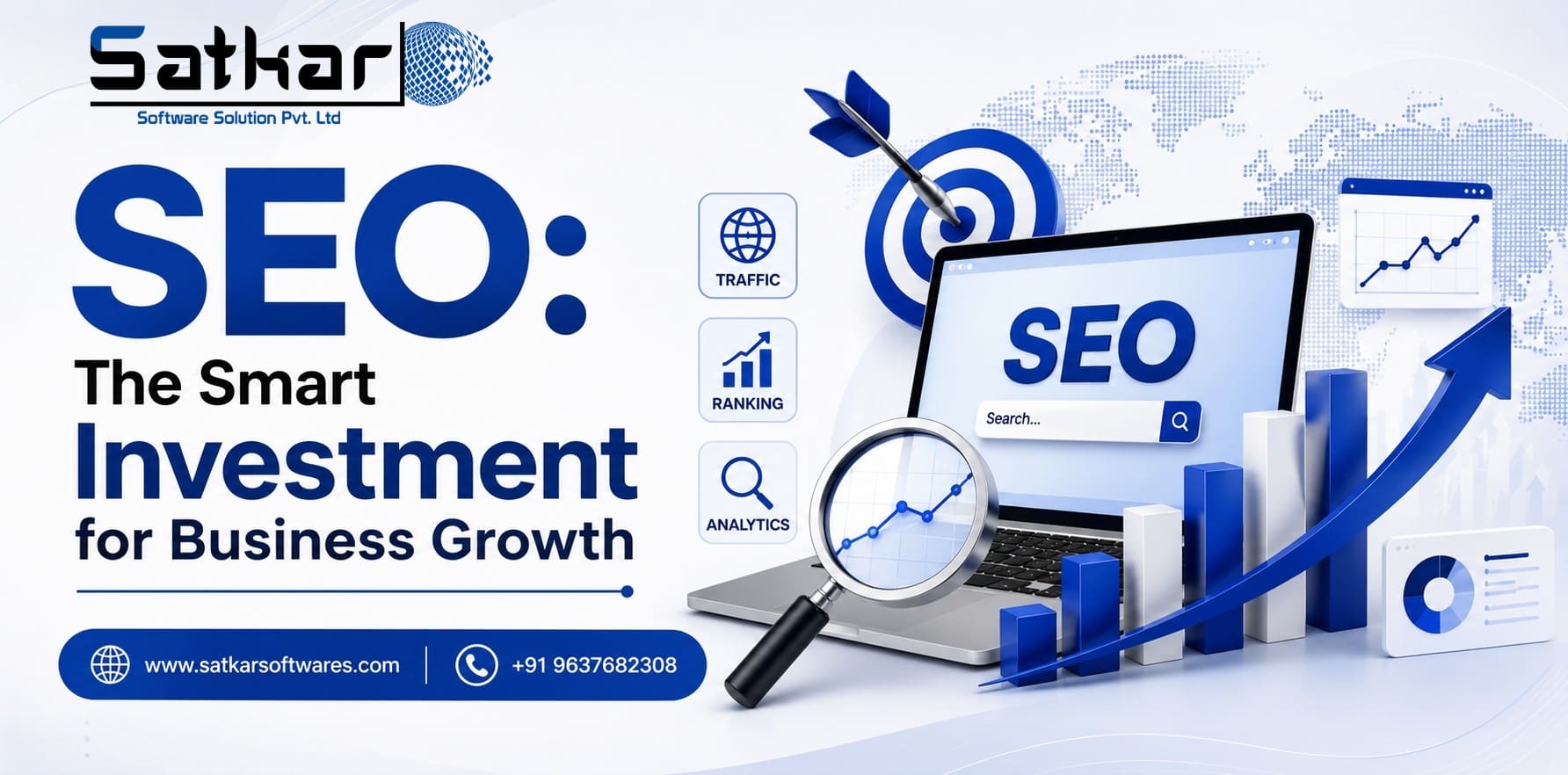 Laptop with SEO search results, magnifying glass and rising arrow