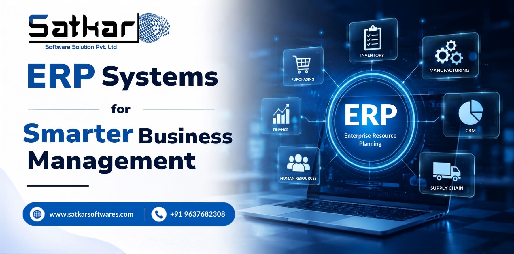 ERP system circle connected to inventory, CRM and supply chain icons
