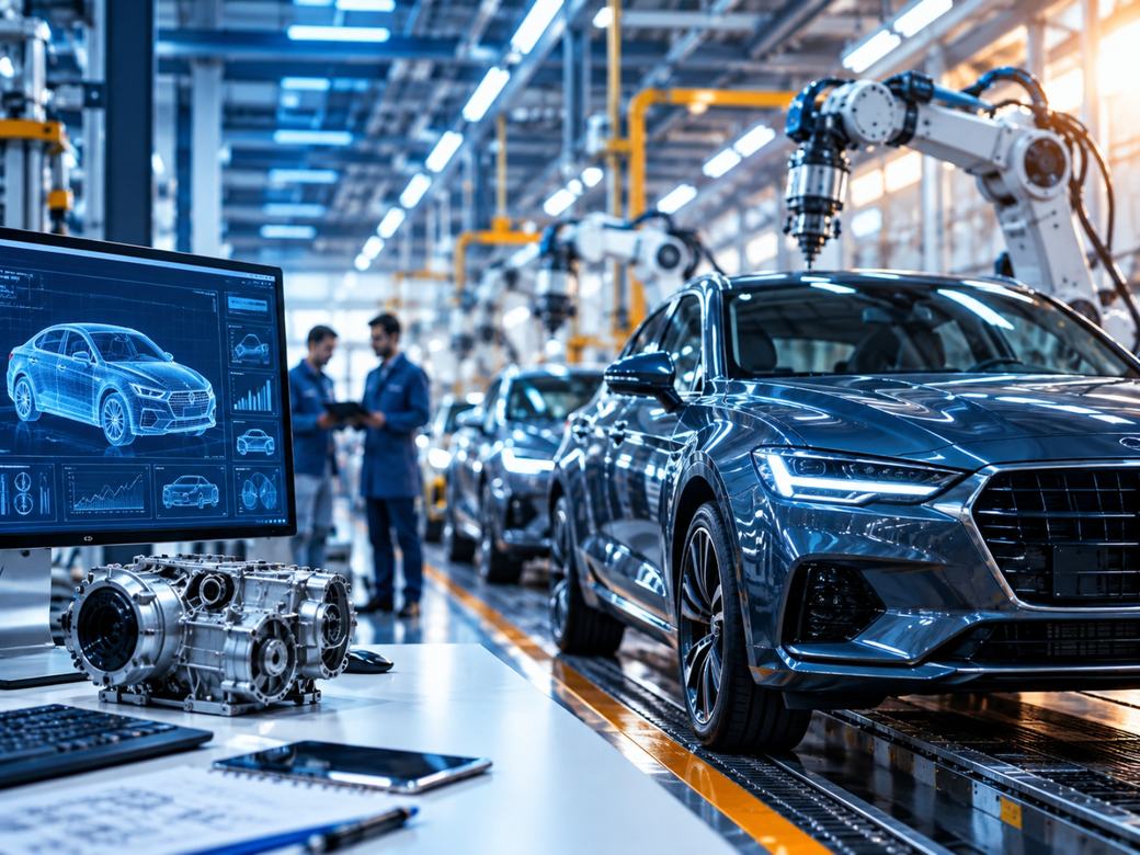 Car on a modern automotive assembly line beside vehicle design screens