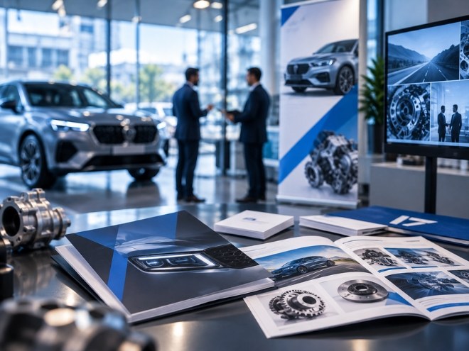 Automotive brand brochures on a showroom table with cars behind