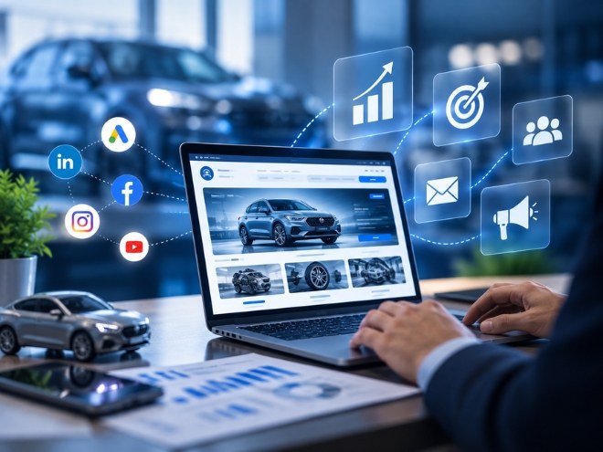 Automotive website on a laptop surrounded by social media and ad icons