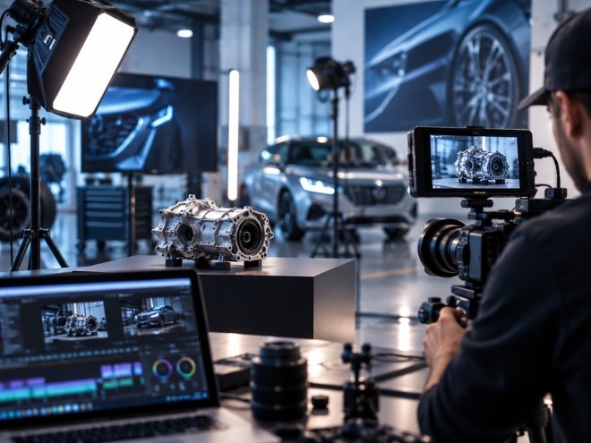 Studio camera filming an automotive engine component