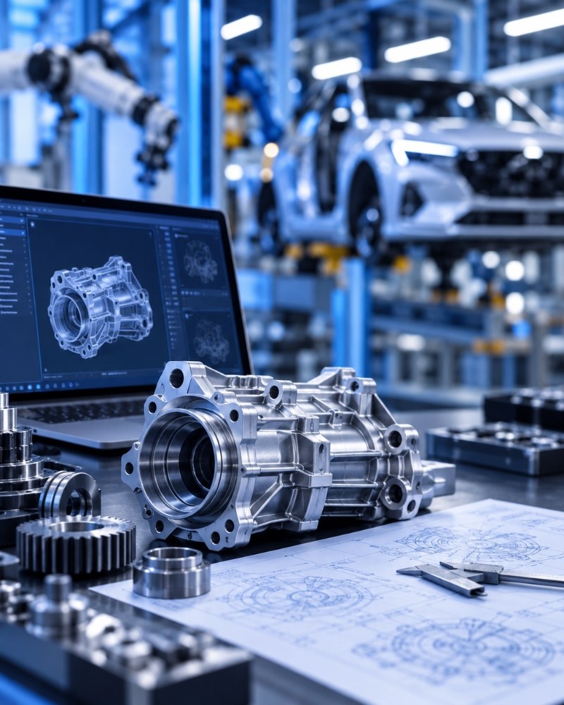 Machined automotive transmission component beside a CAD model