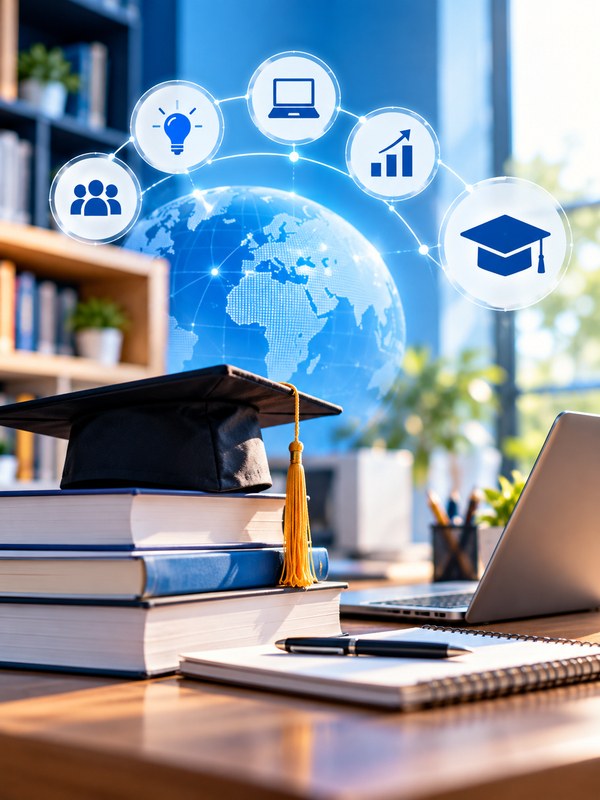 Globe, graduation cap and books beside a laptop with education icons