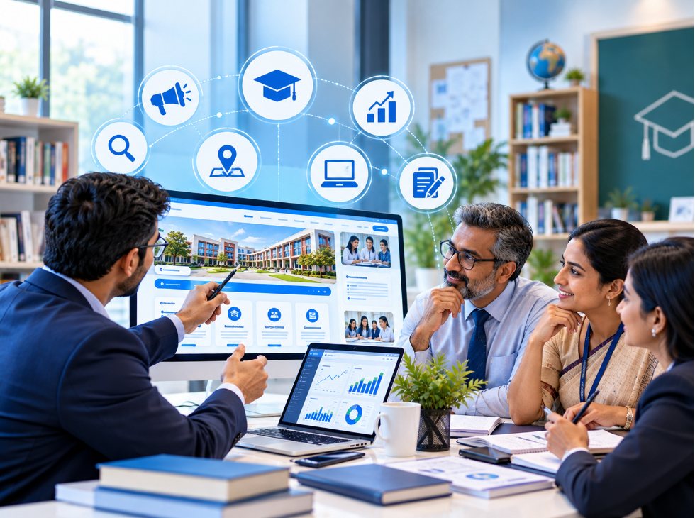 Education team reviewing a college website on a large screen