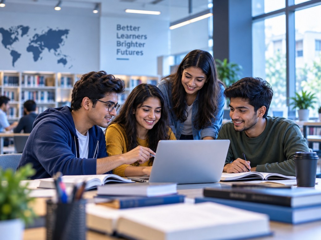 Students collaborating on a laptop at a library table