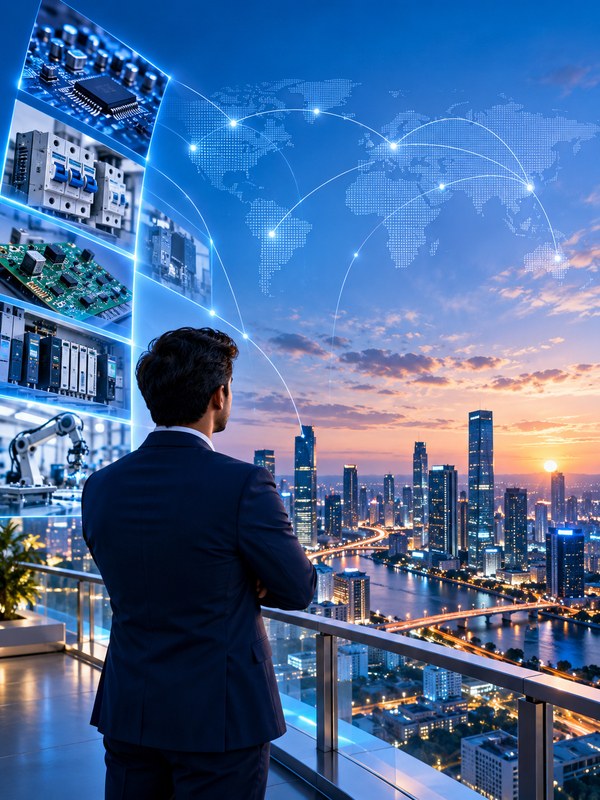 Businessman overlooking a city skyline at dusk with network lines