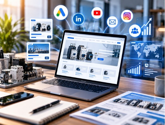 Electronics website on a laptop with ad and social media icons