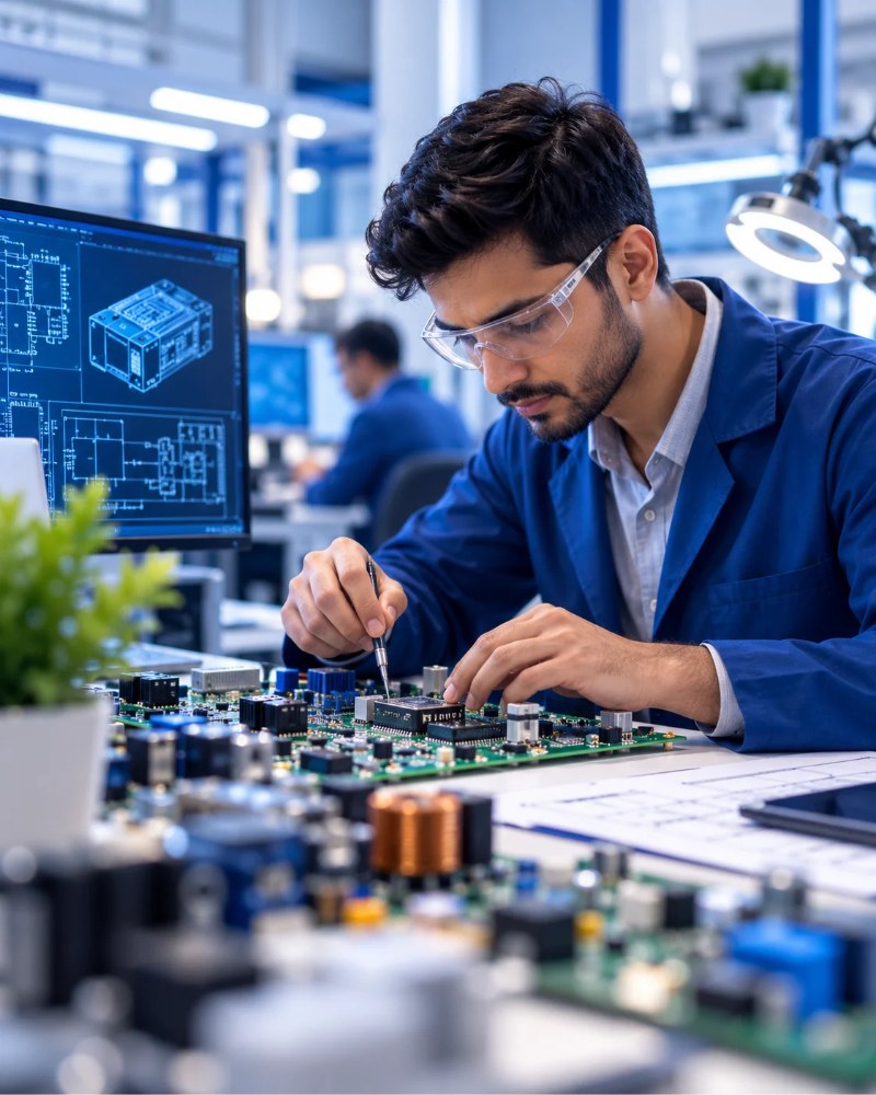 Electronics engineer working on a printed circuit board
