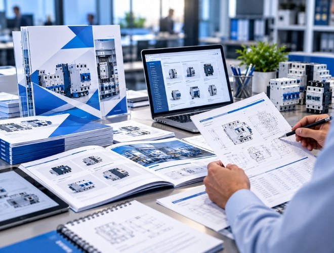 Printed electronics product catalogues and datasheets beside a laptop