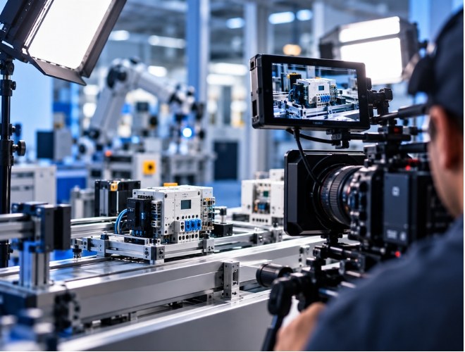 Cinema camera filming an electronics production line