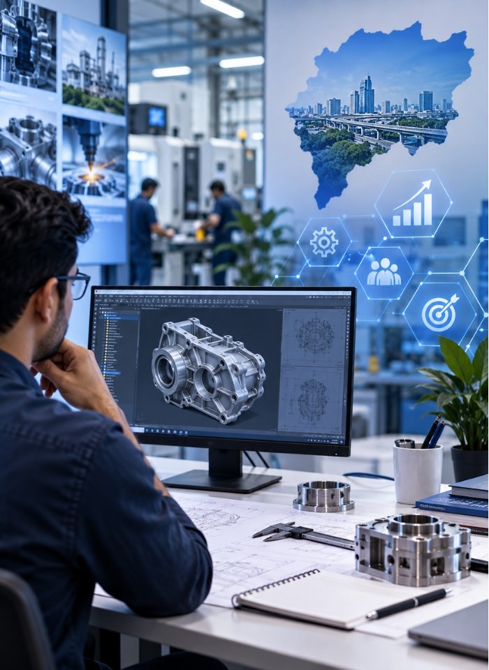 Engineer studying a gearbox CAD model on a monitor
