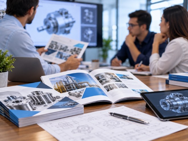 Team reviewing printed engineering brochures and a technical catalogue
