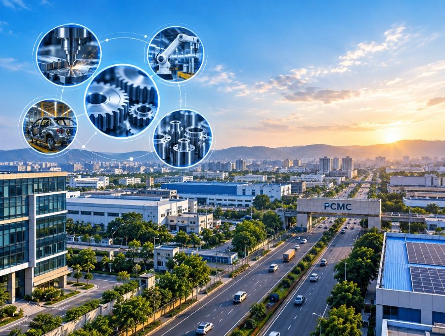 Aerial view of Pimpri-Chinchwad's industrial district with engineering gear icons