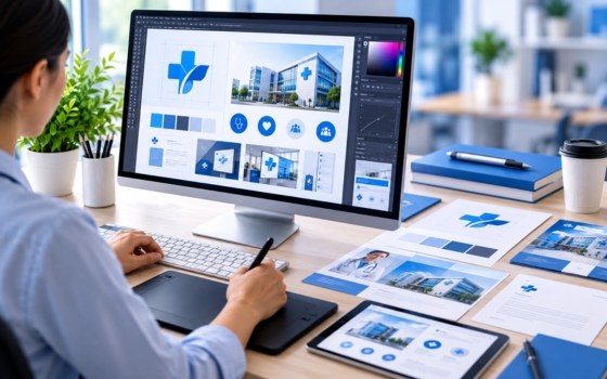 Designer creating hospital brand visuals on a large monitor
