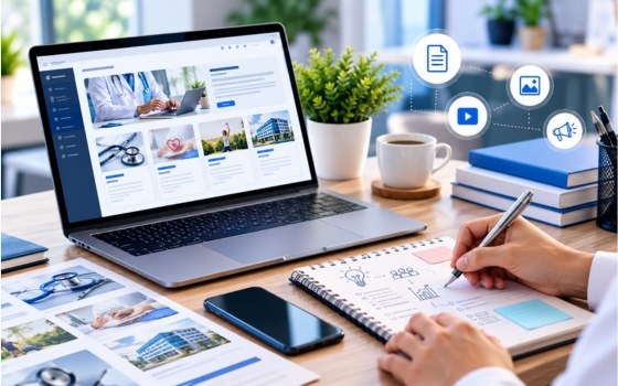 Person planning healthcare content beside a laptop