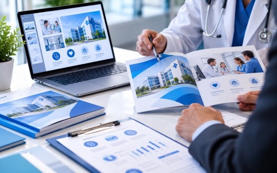 Doctor reviewing hospital brochures and a company profile