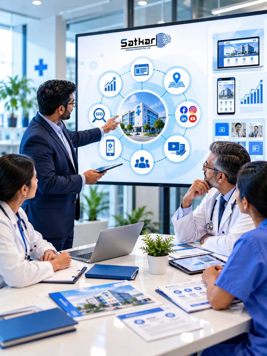 Presenter explaining a digital plan to doctors and nurses on a Satkar board