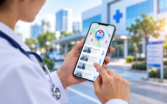 Doctor holding a phone showing a local map search