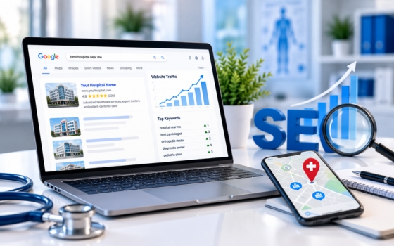 Laptop with healthcare search results and a phone with a map pin