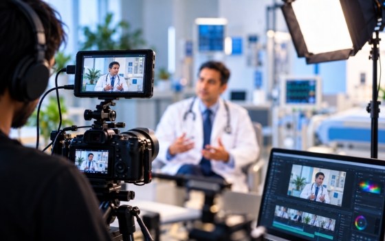 Camera crew filming a doctor interview in a clinic