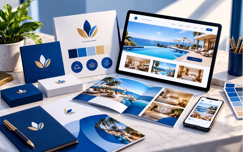 Hotel brand stationery, logo and colour swatches beside a laptop