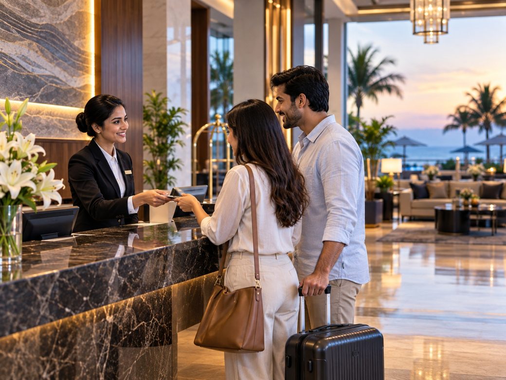 Hotel receptionist checking in a couple at a resort front desk