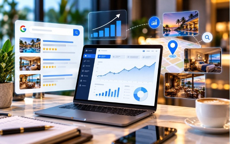 Hotel search analytics and map listings on a laptop