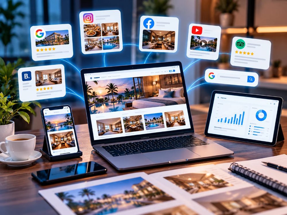 Hotel website on a laptop and phone with social media and review icons