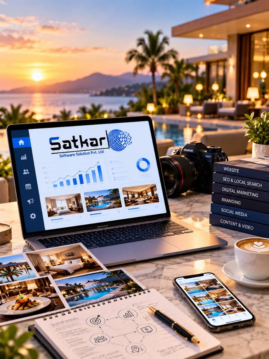 Laptop with a marketing dashboard beside a resort pool at sunset