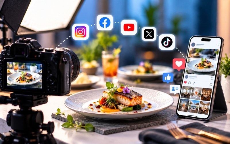 Camera and phone photographing a plated dish for social media